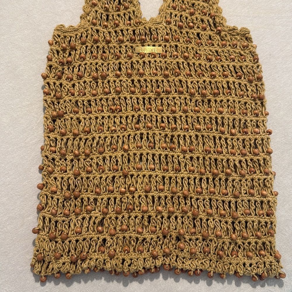 Aava Khaki Brown Beaded Open Knit Crochet Double Handle Market Beach Boho Tote - Picture 3 of 12